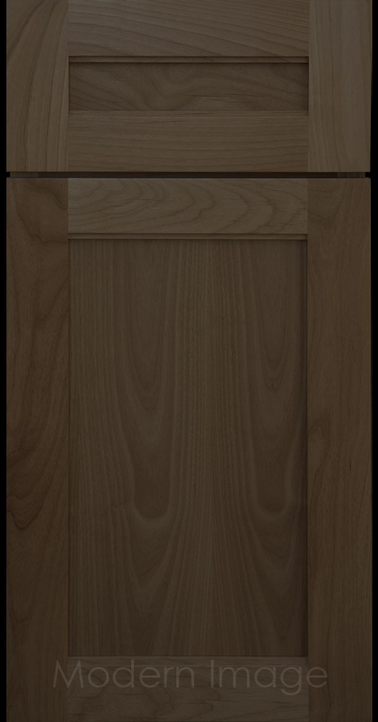 Destin shaker cabinet in Beachwood Stain featuring ledge detail and vertical joints around a recessed center panel.